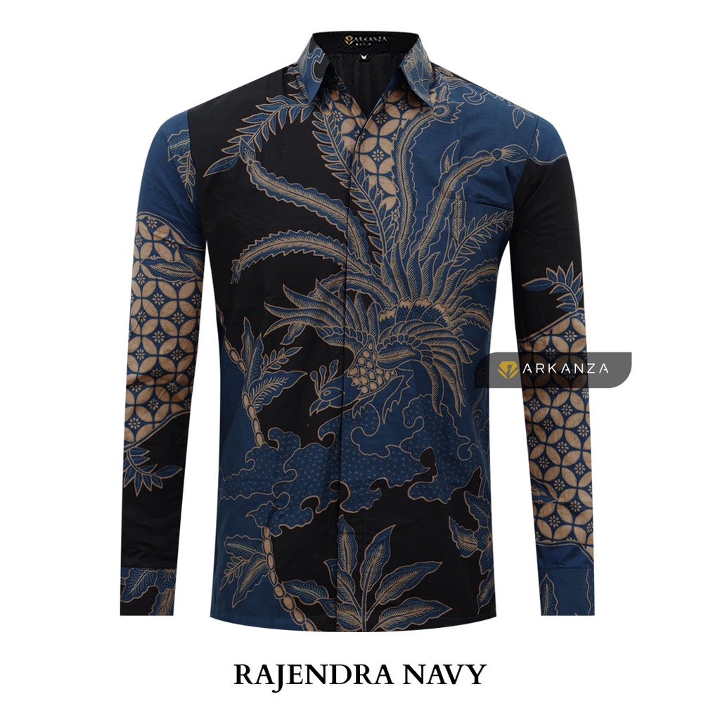 BATIK ARKANZA Motif RAJENDRA NAVY Hem Atasan Kemeja Baju Batik Pria Cowok Laki Laki Slimfit Full Lapis Furing Lengan Panjang Lengan Pendek Original