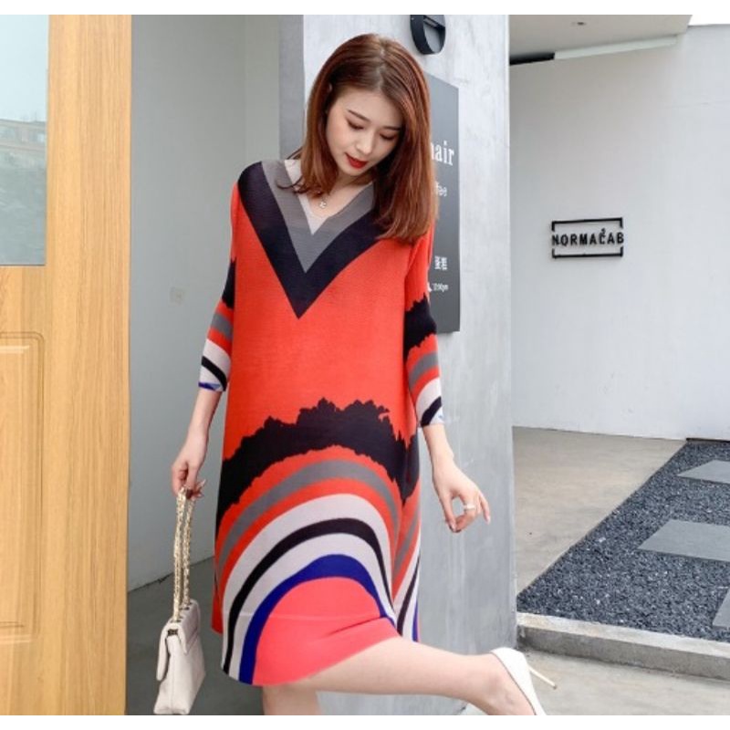 dress plisket Turun naik pelangi Ch7