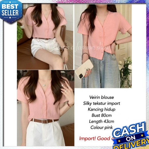 Il - Blouse Mina Inner Wanita Lengan Panjang Bunga Leher Bulat Korean Style Veirin Blouse  Pink [Baj