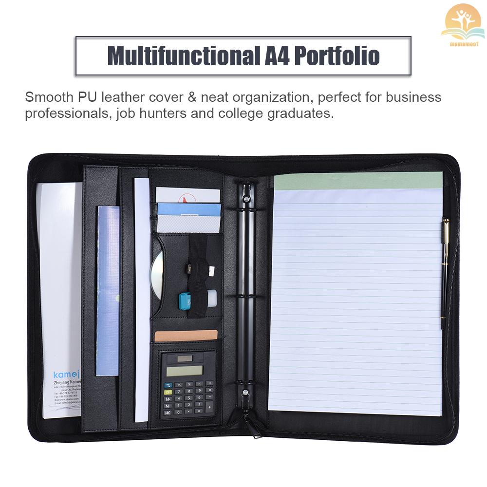 Multifunctional Professional Business Portfolio Padfolio Folder Document Case Organizer A4 PU Leather Zippered Closure Loose-leaf Loop with Calculator Business Card Holder Memo Note Pad