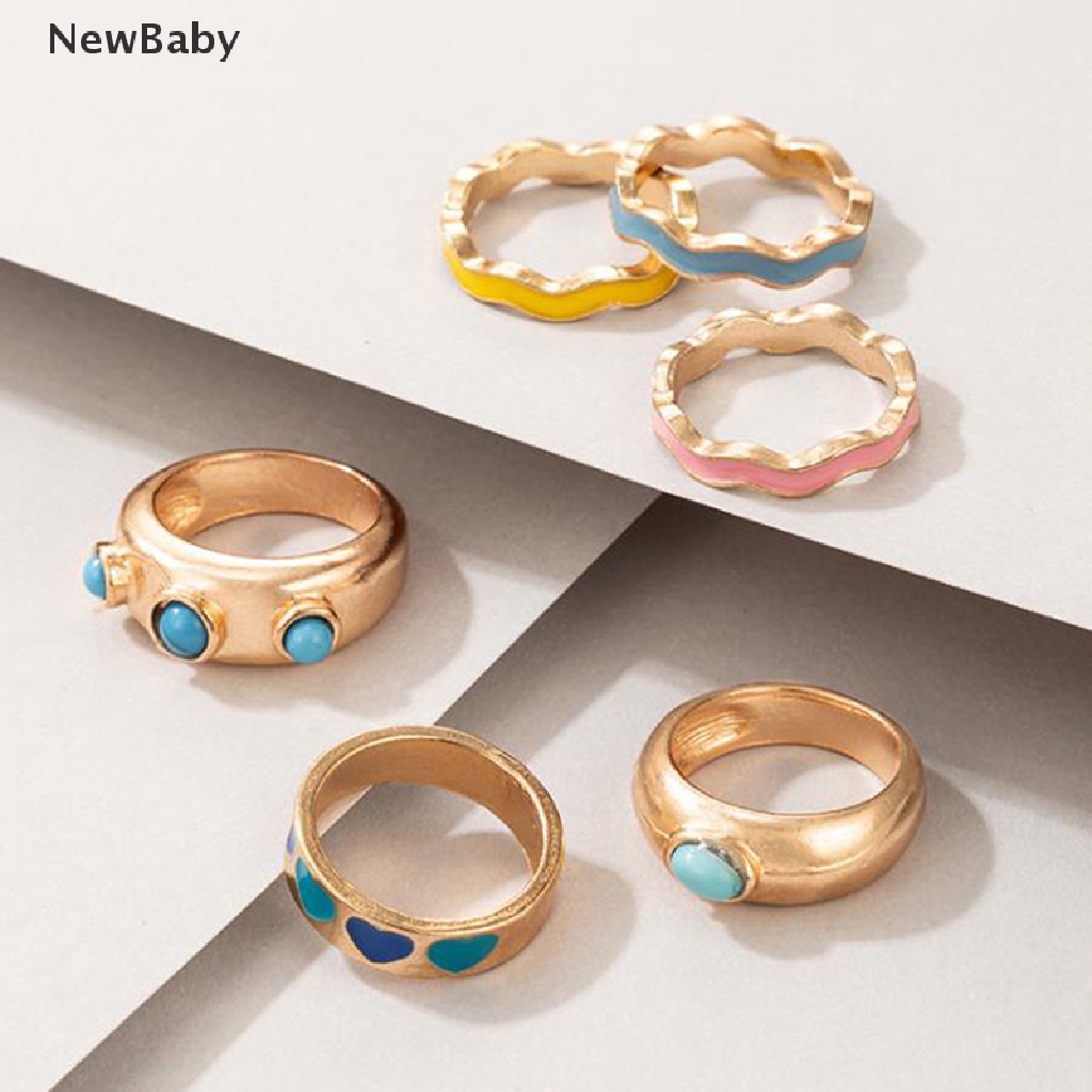 6pcs / set Cincin Enamel Model Tetesan Minyak Untuk Wanita