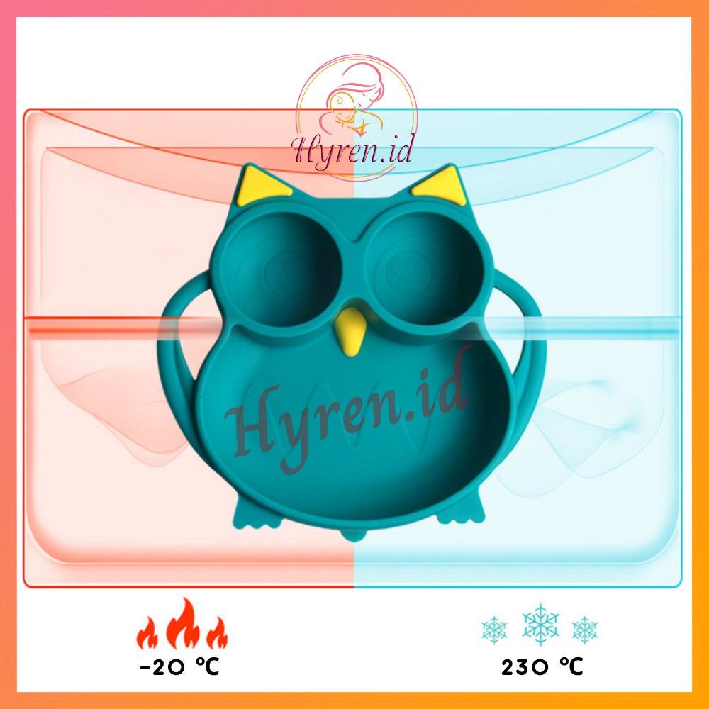 Hyren.id S12 Silicone Feeding Set Piring Bayi Suction Owl Sendok Garpu Tempat Makan Silikon Anti Slip Tumpah Burung Hantu Baby Plate Premium Balita Anak Lucu Cute Kartun Pink Green Hijau