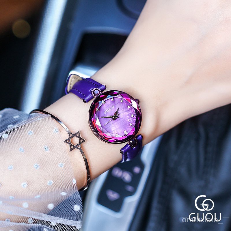 【Factory Outlet】GUOU Wanita Eropa kuno menonton fashion Korea sedikit menelepon kulit sederhana liburan kulit kosong Rhinestone wanita Watch Xzay