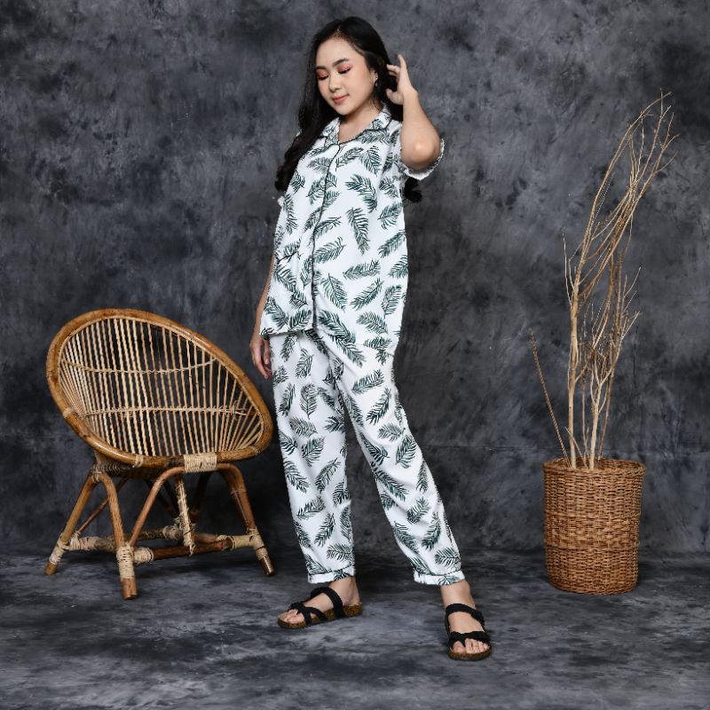 Baju Tidur Piyama Wanita Dewasa Motif Coco Daun CP Lengan Pendek Celana Panjang Kekinian