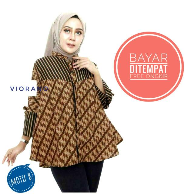 Baju Atasan Batik Muslimah Lengan Terompet / Blouse Wanita Hijab Kancing Lawasan Coklat Berkualitas