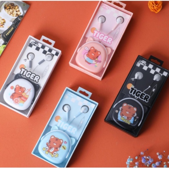 [XY-68] Set Headset Earphone TIGER Earphones / Wadah Earphone Kartun Animal Harimau Lucu / Earphone Karakter Hewan TIGER