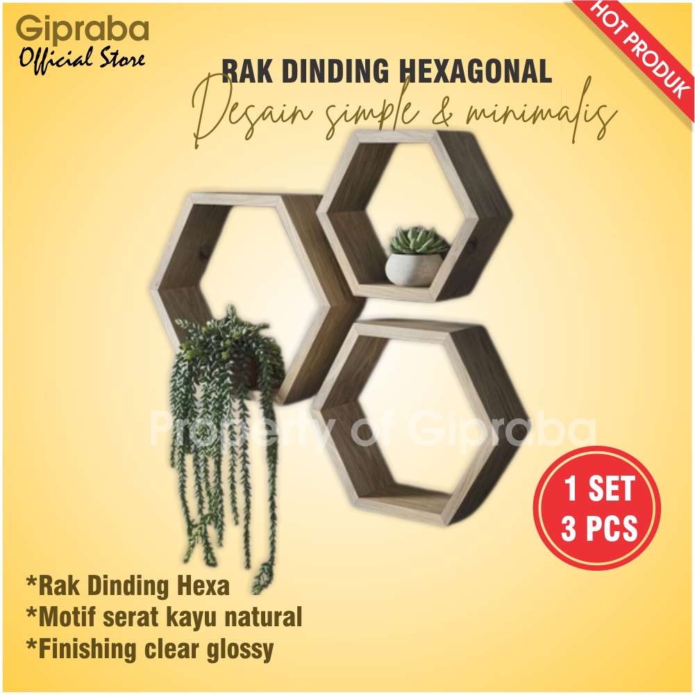 Jual Rak Dinding Hexagonal Kayu Jati Belanda Wall Decor Aesthetic Hiasan Dinding 1 Set 3 Pcs 8413