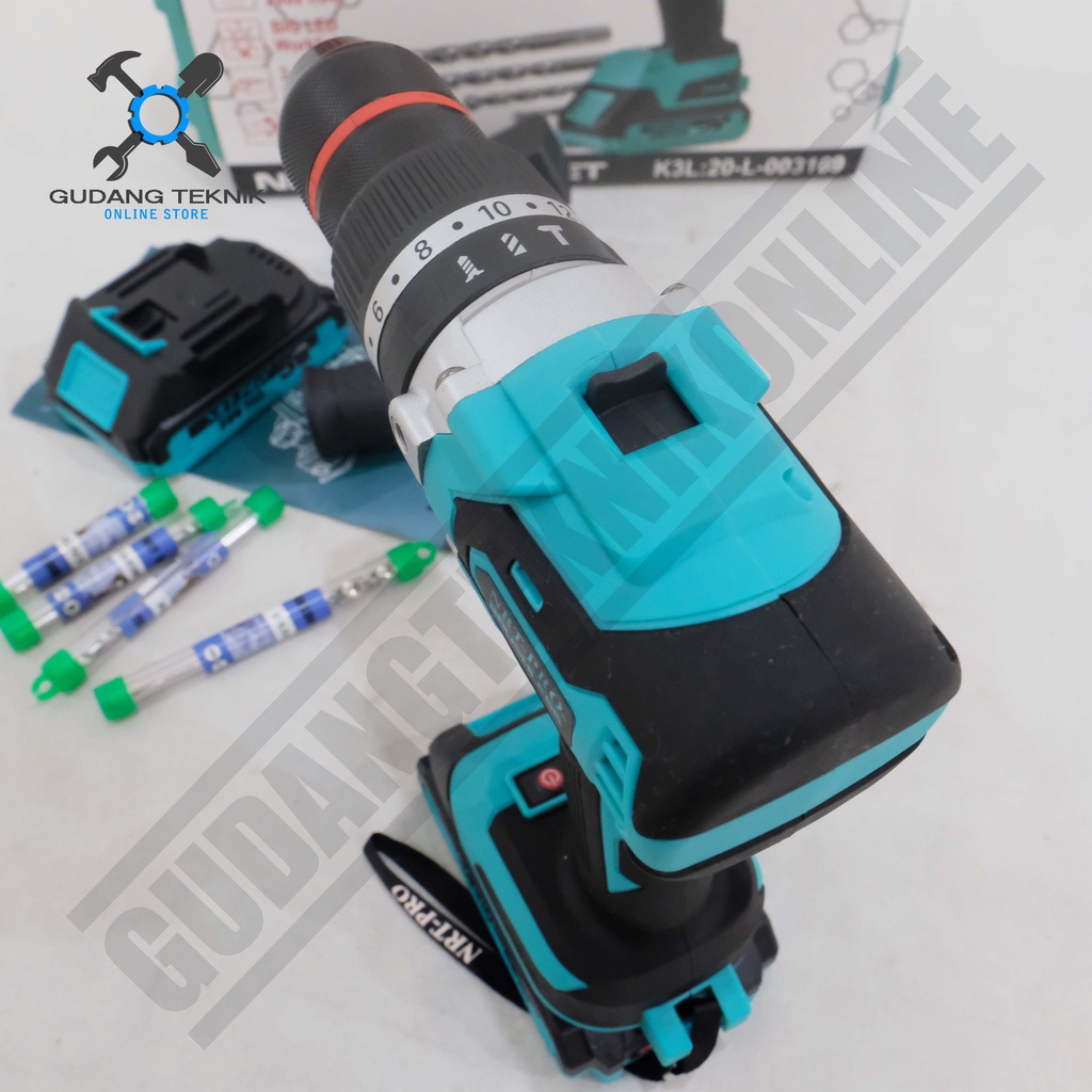 Cordless Drill NRT 743 DC Set BRUSHLESS Mesin Bor Baterai Impact Drill 20V Bor Tembok Beton 13mm