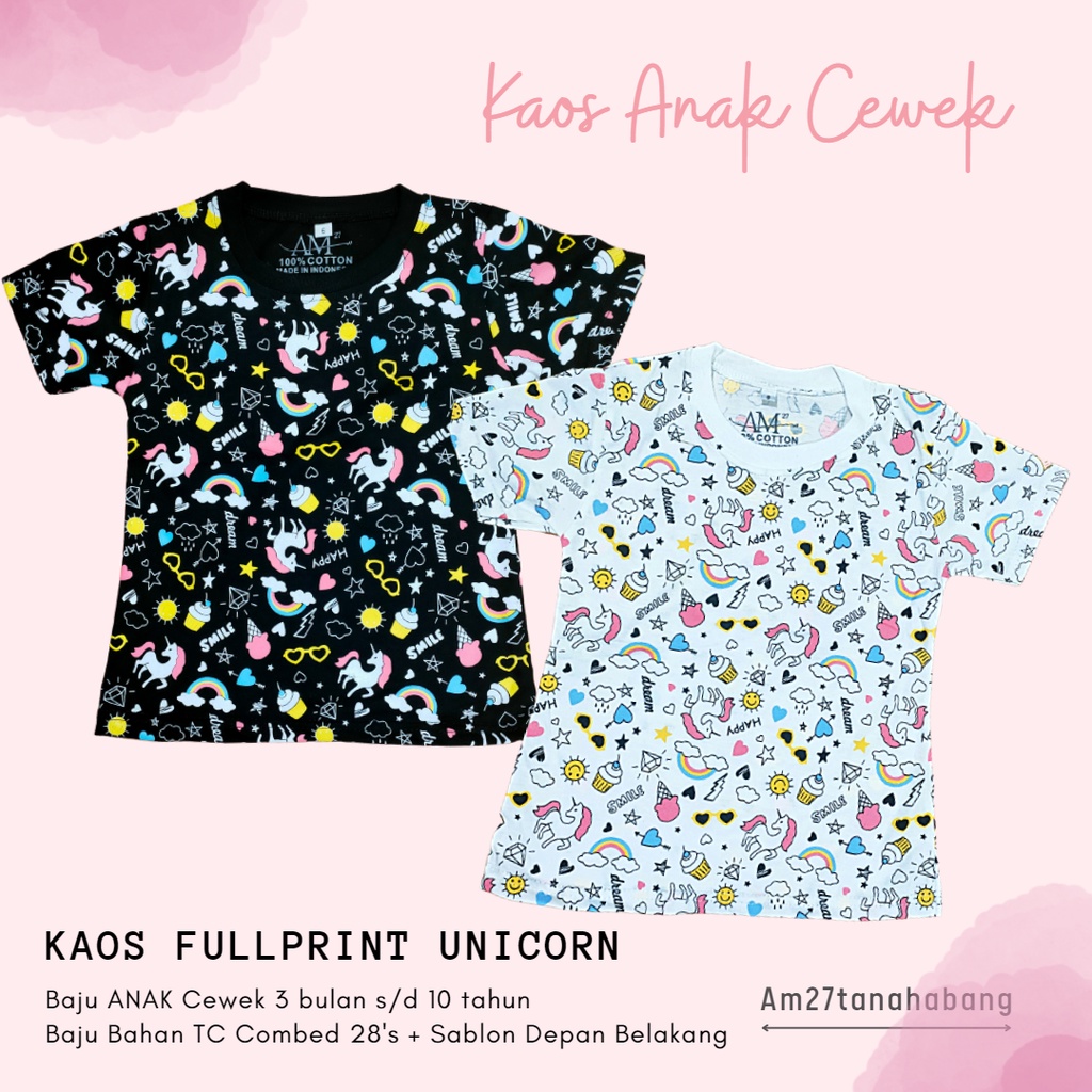 BAJU KAOS UNICORN RAINBOW PONY Fullprint 3 bulan s/d 10 tahun Merk AM27