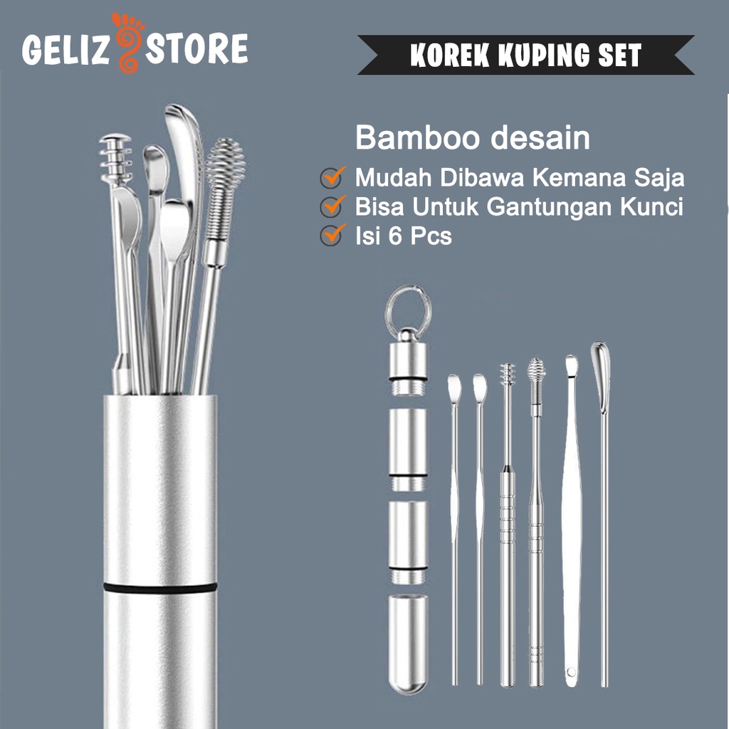 Korek Kuping Set 6 Pcs Alat Pembersih Telinga Model Gantungan Bamboo Design