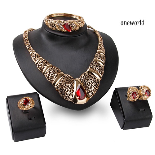 OW@ Luxury African Style Teardrop Rhinestone Hollow KC Gold Plated Lady Jewelry Set