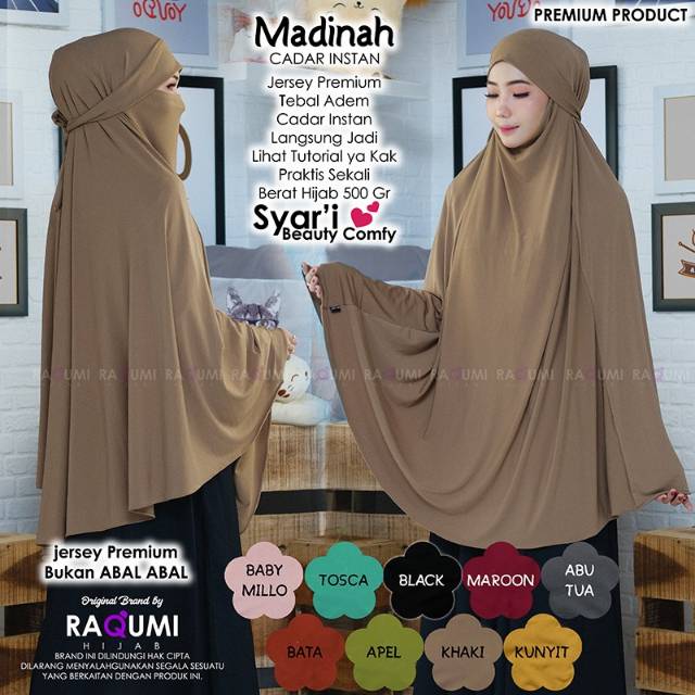 HIJAB MADINAH CADAR INSTAN. HIJAB CADAR INSTAN KWALITAS PREMIUM. BY RAQUMI