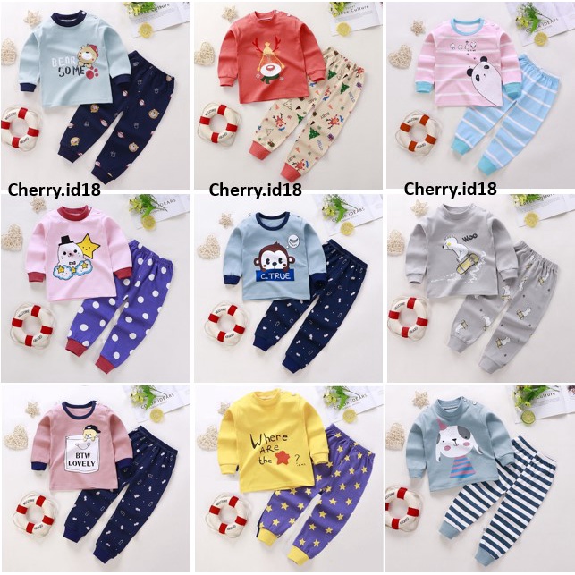 Cherry COD Baju Tidur Anak Import Lengan Panjang / Piyama Anak / Baju Tidur Bayi / Baju Anak Perempuan dan laki Laki PY37