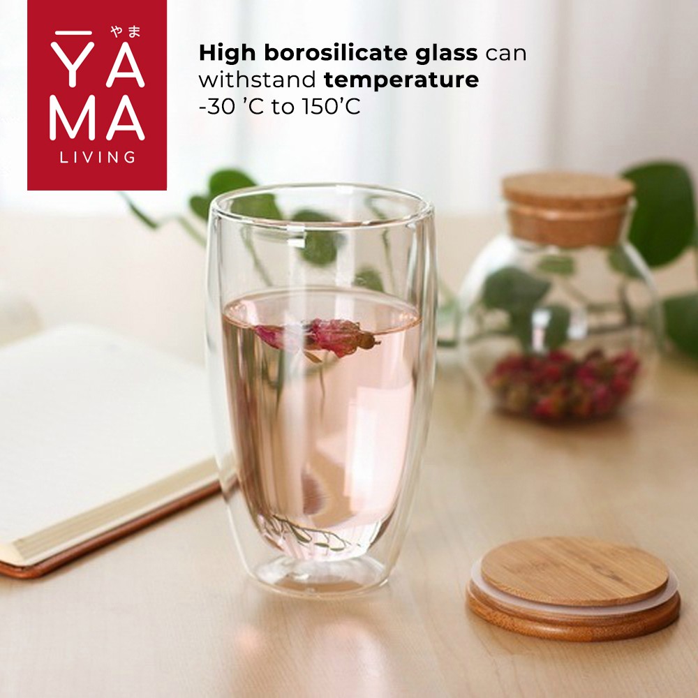 YAMA SIZHU Double Wall Glass Gelas Kaca Cafe Tinggi Anti Panas  Borosilicate 450 ml