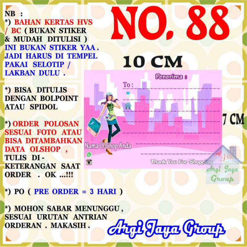 Label Pengiriman Alamat Olshop Murah Nomer 88 - 10x7cm - Kertas BC (Manila)
