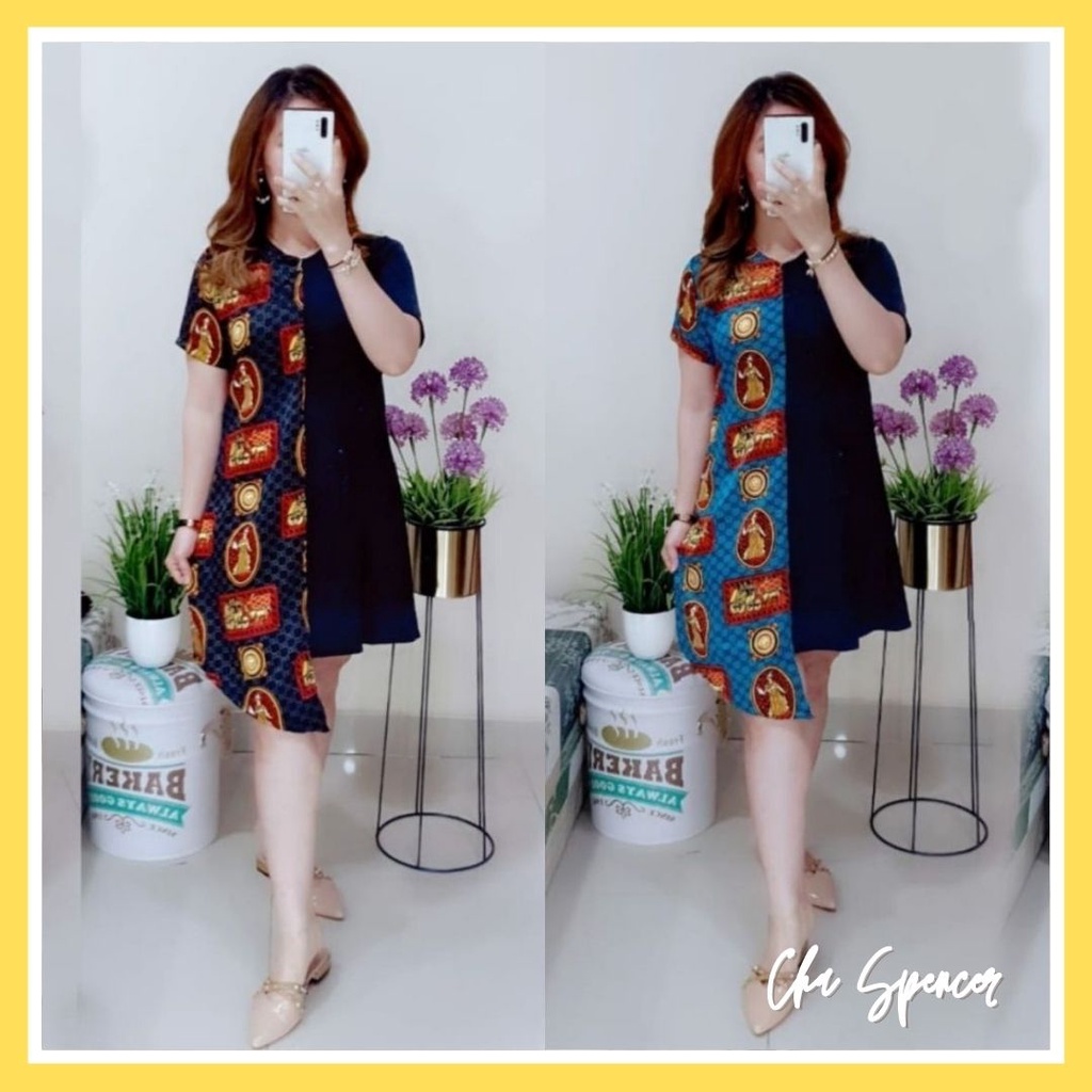 Baju Midi Dress Twotone Scuba Pesta Natal Imlek Wanita Dewasa Remaja Modern Trend Kekinian Murah Des