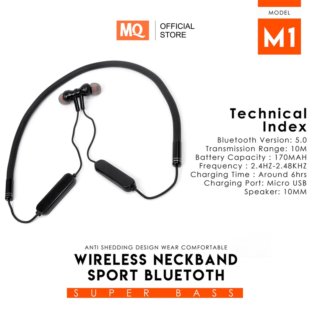 MQ Earphone In-Ear Wireless Bluetooth 4.2 Stereo Neckband Sport With Mic Volume Control MQ-M1