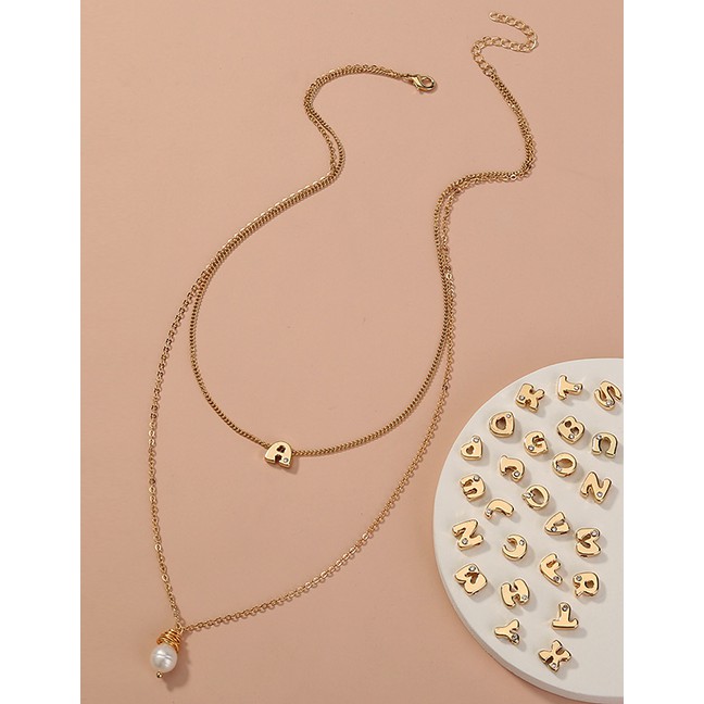 LRC KalungFashion Golden Color Letter Pearl Multilayer Necklace (a Necklace + 26 Letter Accessories)