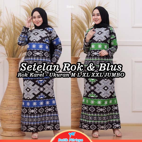 Setelan Batik RNB - Motif Songket Tenun Palang Warna Biru Hijau Ukuran M L XL XXL Jumbo - Rok & Blus