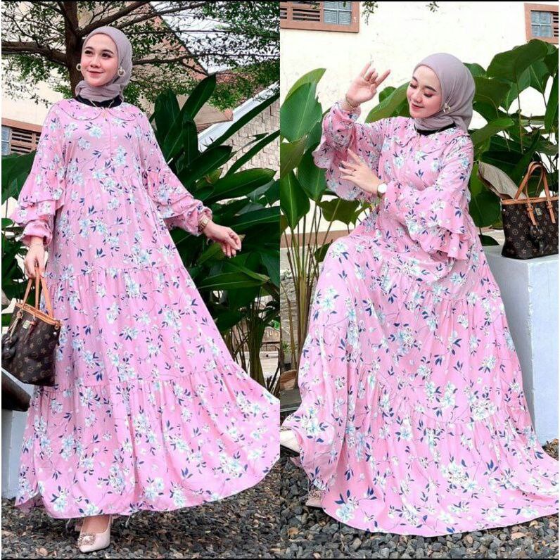 Gamis Terbaru  Flower Rayon Viscose Premium Dress Wanita Lengan Panjang Longdress Bunga LD 110 cm