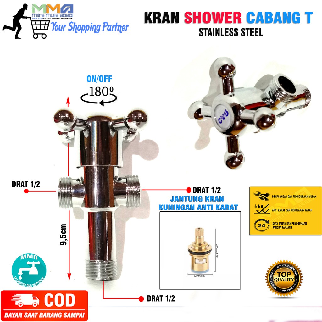 Kran Cabang T Double l Stop Keran Air Kamar Mandi Stainless l Closet