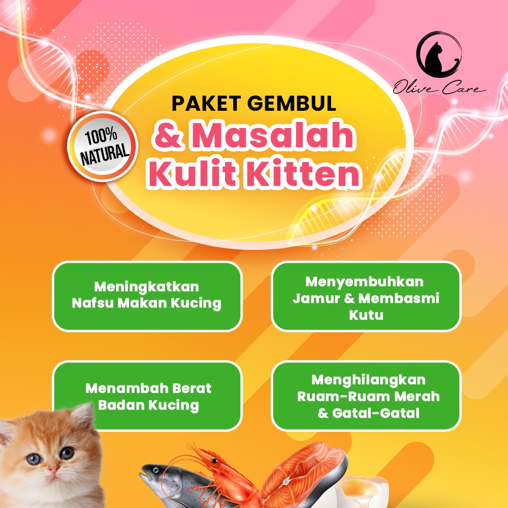 Olive Care Vitamin Kucing Paket GEMBUL &amp; MASALAH KULIT KITTEN Nafsu Makan, Bulu Rontok, Jamur, Kutu, Scabies, Ringworm  dan Masalah KulitSweetyPetshop