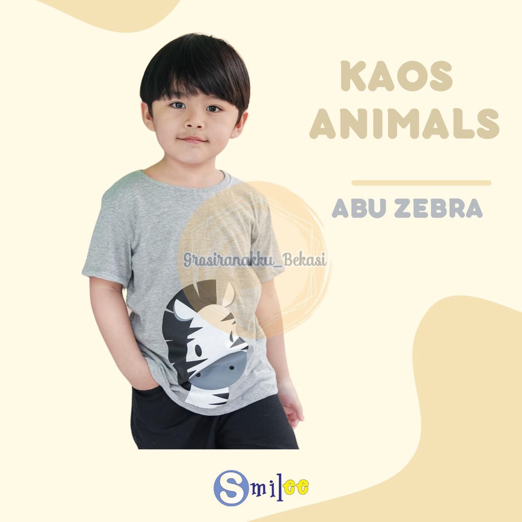 Kaos Anak Cowok Smilee Murah Animal Abu Zebra Size 1-5Thn