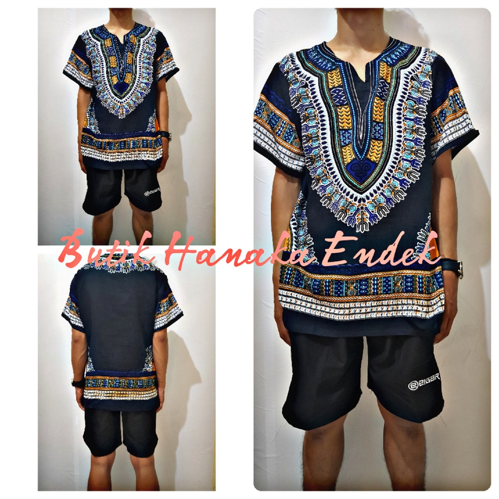 Baju dan Celana Pendek Setelan  Etnik Dashiki Hitam Pria/Wanita (Unisex)