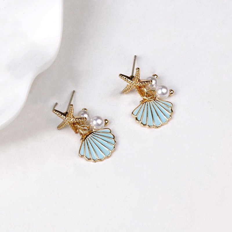 Anting Stud Desain Bintang Laut Kerang Aksen Mutiara Bahan 925 Silver Gaya Korea