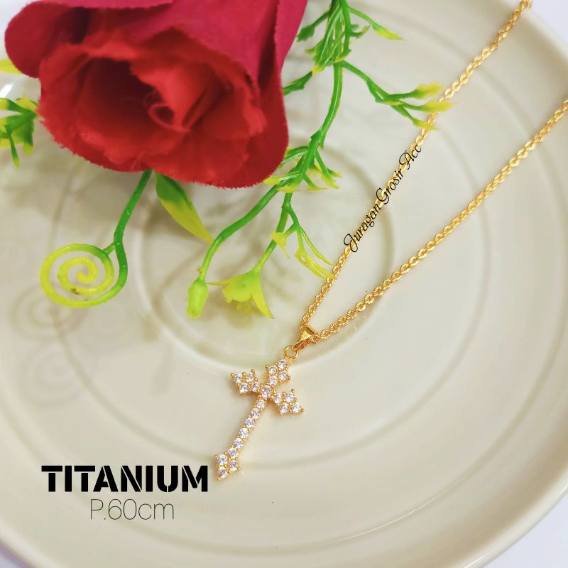 KALUNG SALIB TITANIUM DESAIN MINIMALIS PERMATA DIAMOND PERHIASAN WANITA KOREA ANTI KARAT&amp;ANTI LUNTUR