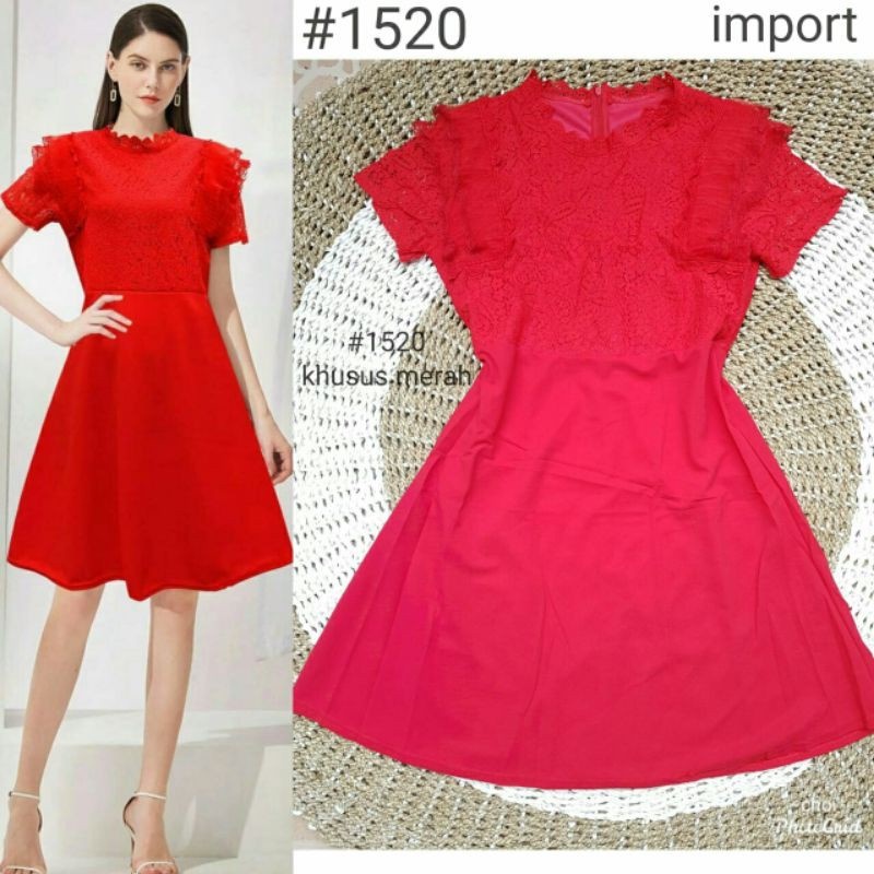Ms (COD)1520 Red Dress Import/ dress wanita import lengan pendek/ dress brukat import