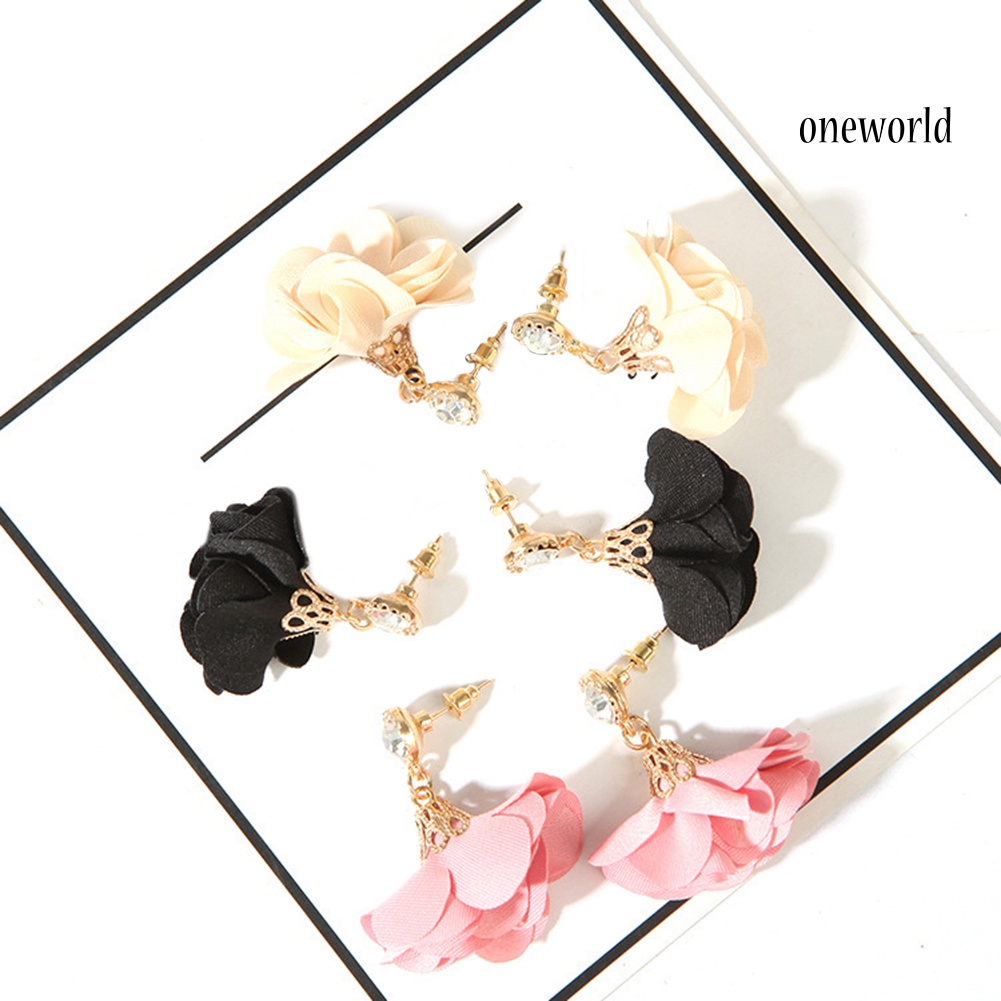 OW@ Vintage Cloth Flower Rhinestone Pendant Earrings Women Ear Studs Party Decor