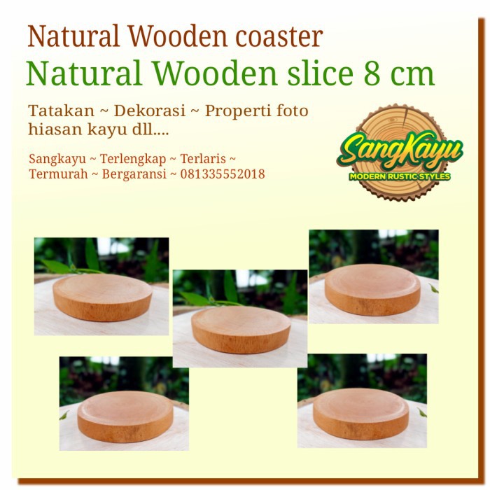 Tatakan cangkir kayu alami diameter 8cm properti foto wooden coaster