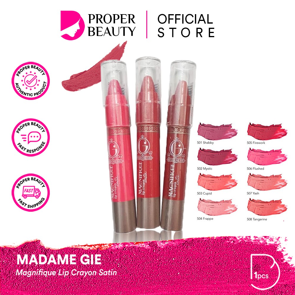 MADAME GIE Magnifique Lip Crayon Satin Indonesia / Primer BB Foundation Loose Powder Lipstick Eyeshadow Blush On Eyeliner Eyebrow Mascara Lipstick Matte Gloss Balm Kutek Facial Wash Toner Essence Serum Sunscreen Moisturizer Cream Mask Masker Lipill Paket