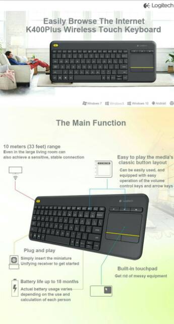 Logitech K400 Plus Wireless Touch Keyboard   K400 Plus Touchpad Tablet Android PC