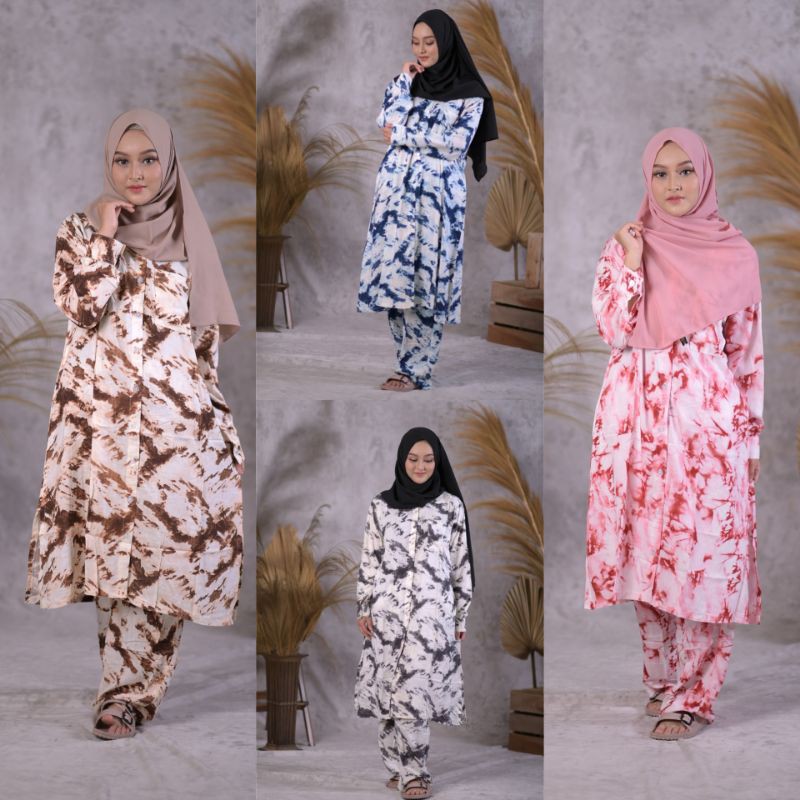 KAYLA SET TUNIK  One Set Tie Dye Tunik Jumbo Baju Setelan Wanita Rayon Premium