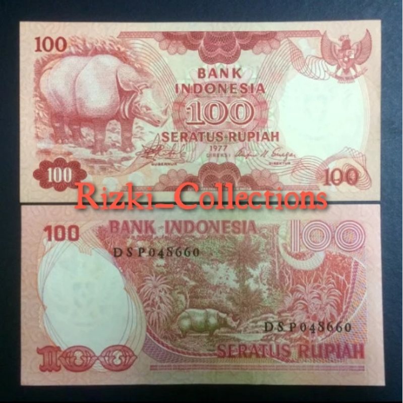 1 Lembar 100 Rupiah Seri Badak Tahun 1977 / Uang Kuno / Hobi / Koleksi