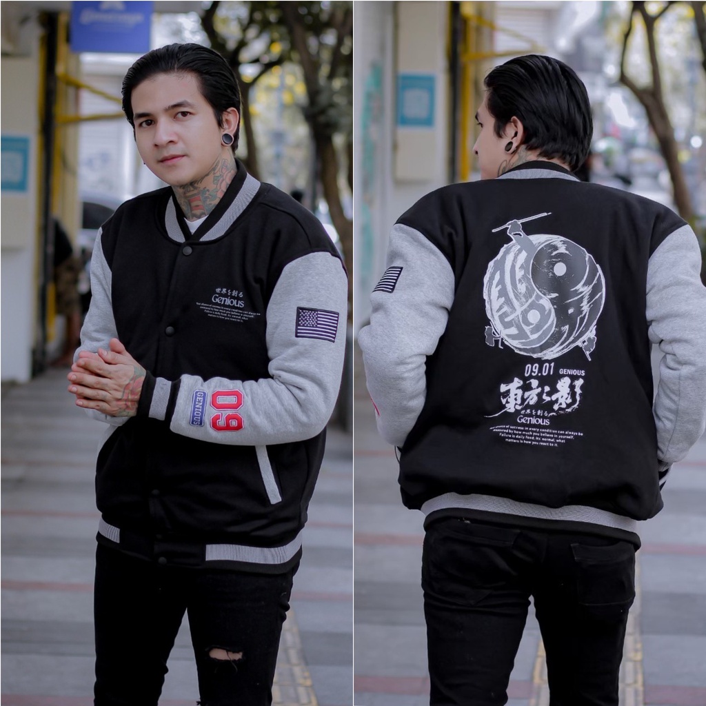 JAKET PRIA - JAKET BOMBER PRIA - JAKET VARSITY - JAKET SALVIO HEXIA-GNUS BLACK GRAY