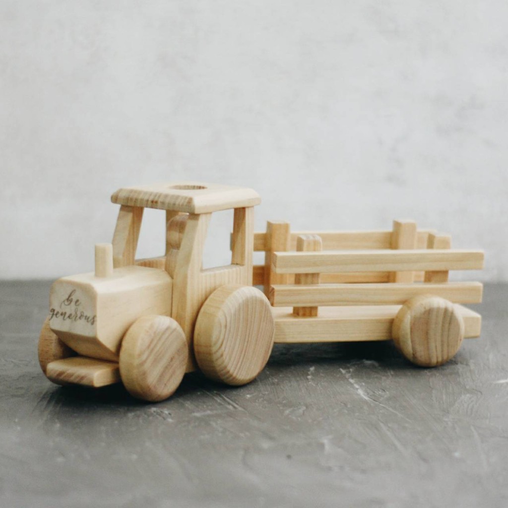 Wooden Tractor Wagon with Peg Doll Truk Kayu Mobil 