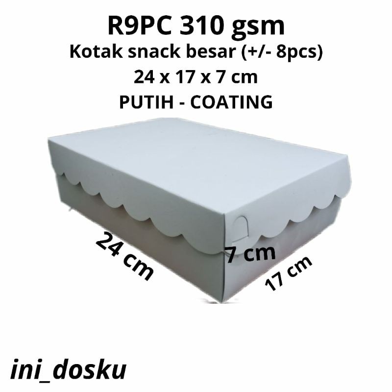 

KOTAK KUE BESAR / DUS KUE / DOS SNACK / SNACK BOX R9 PUTIH 310 gsm 24X17X7cm. 1 PAK = 25 LBR
