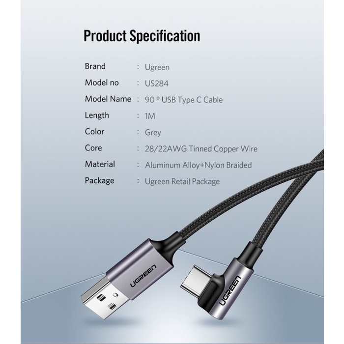 UGREEN USB-C Male 90° To USB 2.0 A Male Cable Nylon Braided - US284