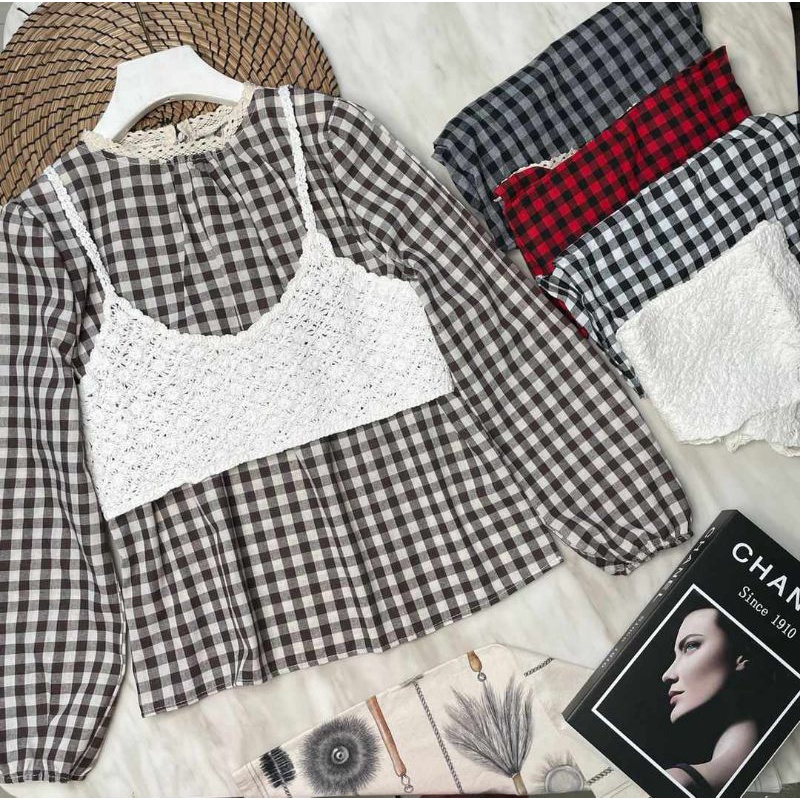 DIZKA - Atasan rompi wanita vest rajut import panjang katun gingham