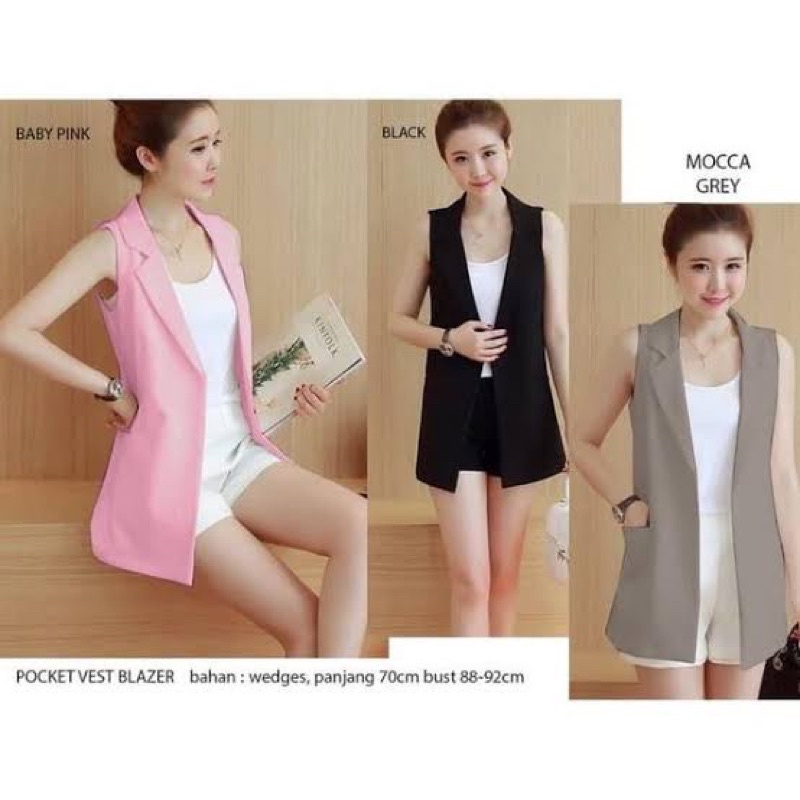 Vest blazer panjang berkantong / pocket vest blazer hitam dan putih