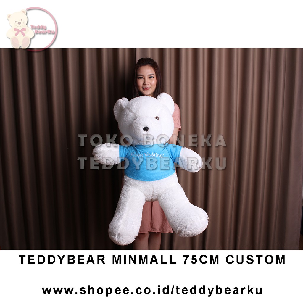 Teddy Bear Putih Baju Biru + Tulisan Custom Boneka Beruang Mini Mall 75CM XL