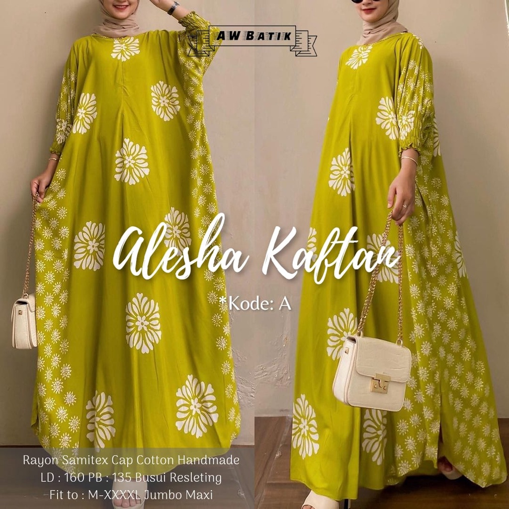 Batik A W - Alesha Kaftan Batik Wanita Jumbo XXXXL Motif Batik Cap Encim Soft Color Busui Resleting Lengan 3/4 Gamis Rayon Jumbo Kaftan Terbaru