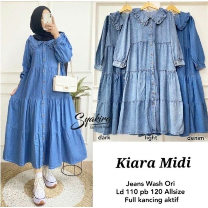 kiara midi dres jeans washed matrial jeans wash bahan lembut adem original  LD 110  PJ  120