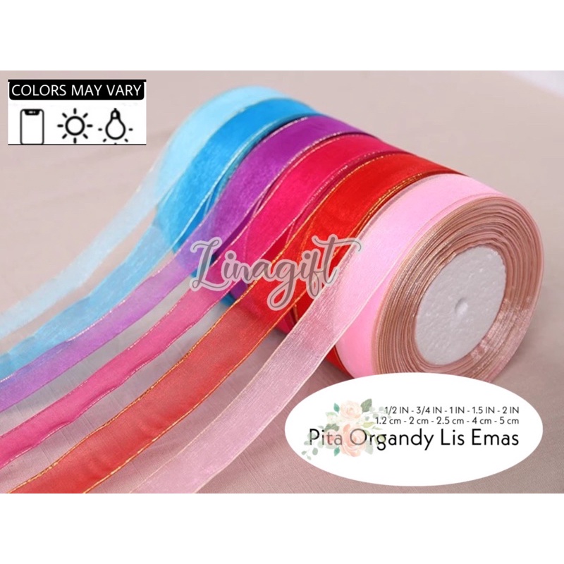 ( Rol 20 Yard ) SILK ORGANDY GIFT RIBBON GOLD EDGE 12MM - ORGANZA CHIFFON PITA ORGANDI LIS EMAS 0.5 IN 1.2 CM 1/2 INCH