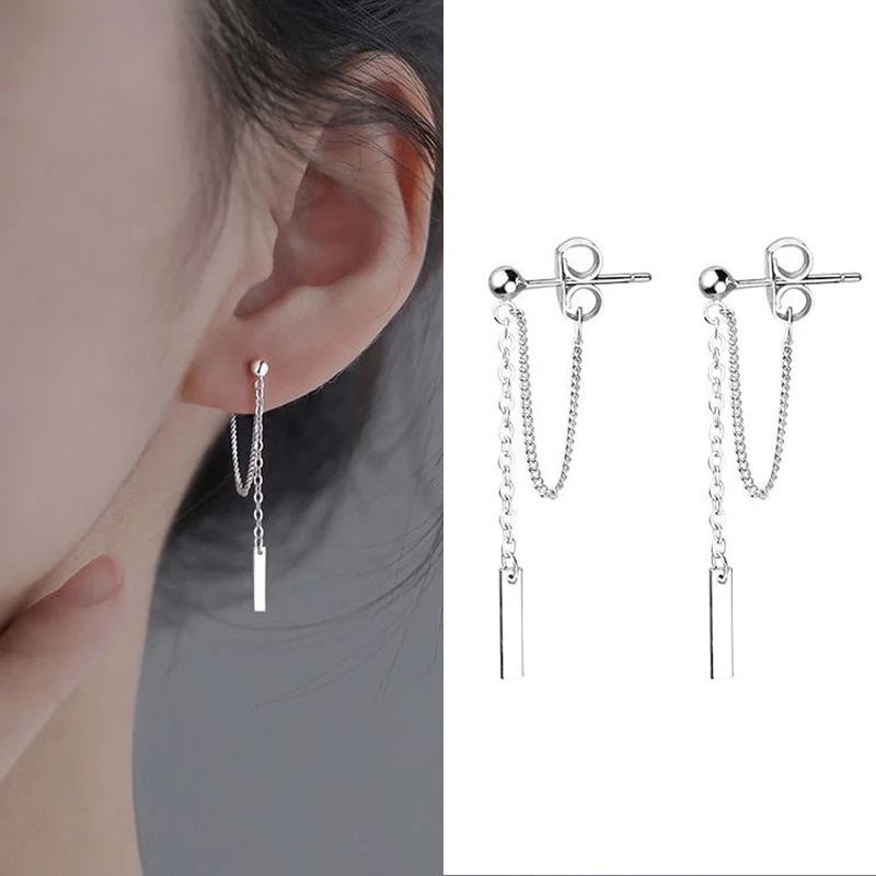 1 Pasang Anting Rumbai Panjang Bentuk Persegi Geometris Warna Silver Bahan Logam Gaya Korea Untuk Wanita