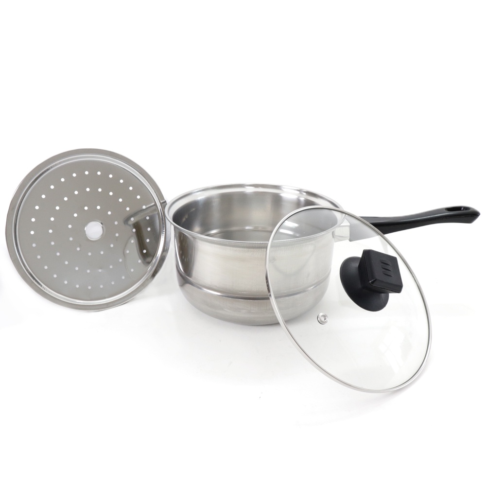 Panci susu Plus Steamer 20 cm Dengan Tutup Kaca Stainless Steel Serbaguna / Paci Kukus / Panci Masak