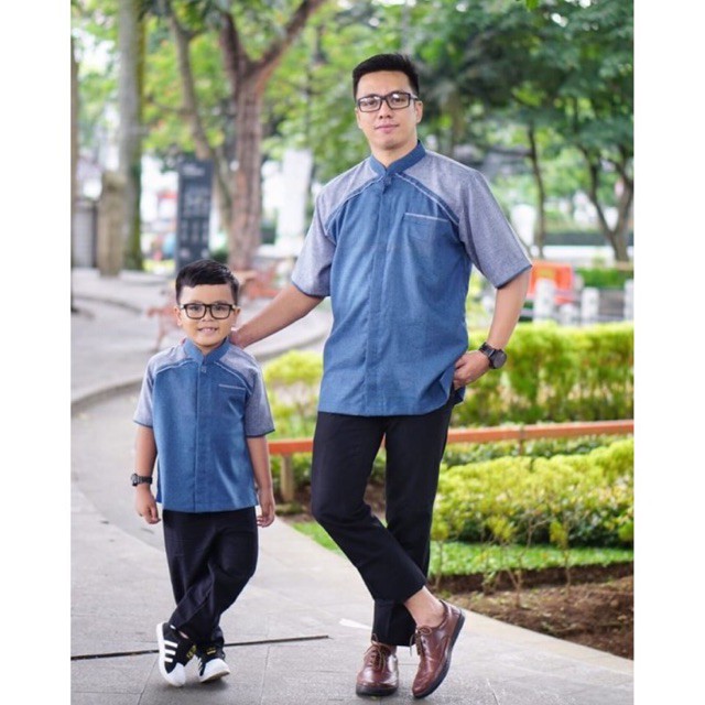 Baju koko couple Ayah &amp; Anak warna Denim ROYAL BLUE series 2021